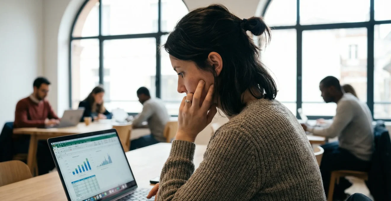 Professionnelle française analysant des données SEO sur écran dans un espace de coworking toulousain (intentions de recherche)