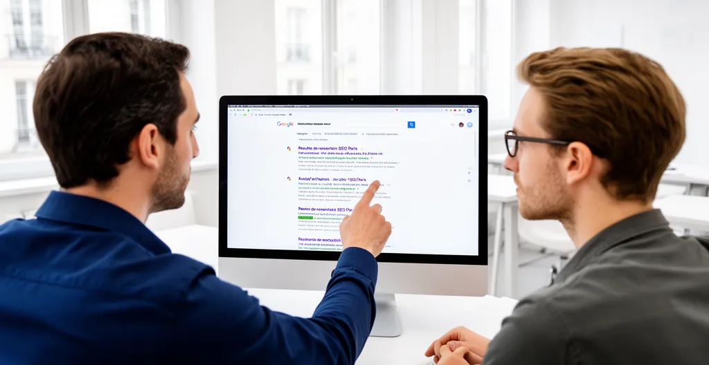 Formateur SEO toulousain expliquant les résultats de recherche à un stagiaire (intention utilisateur)