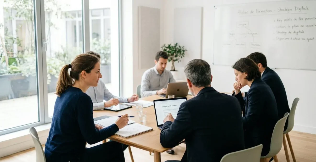 Un formateur et un apprenant vus de profil échangent devant un écran d'ordinateur dans une salle de formation lumineuse et contemporaine