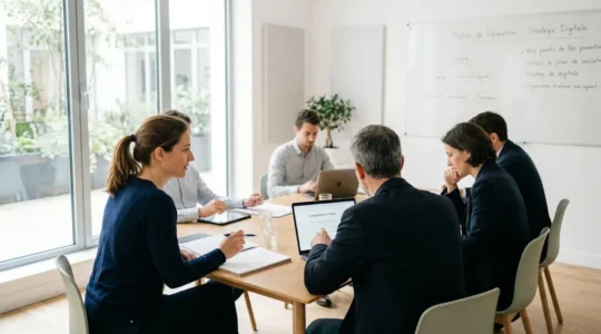 Un formateur et un apprenant vus de profil échangent devant un écran d'ordinateur dans une salle de formation lumineuse et contemporaine